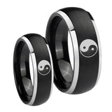 His Hers Yin Yang Dome Brushed Black 2 Tone Tungsten Men's Wedding Band Set