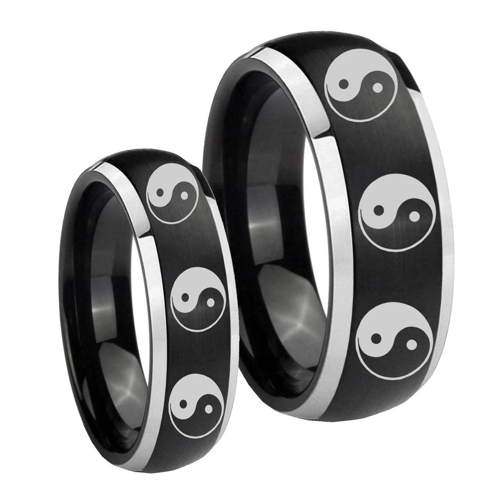 Multiple Yin Yang Dome Brushed Black 2 Tone Tungsten Promise Ring Set