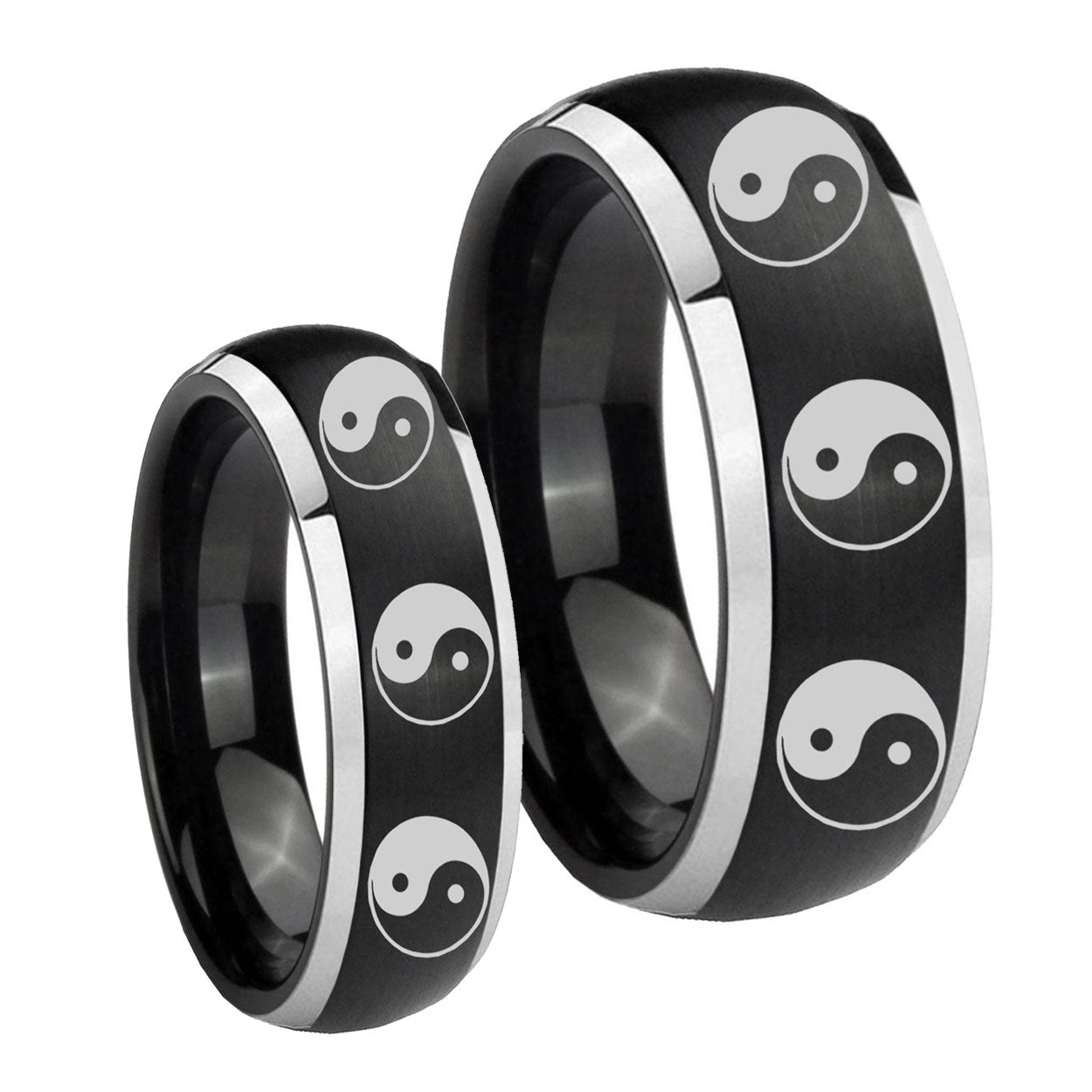 Multiple Yin Yang Dome Brushed Black 2 Tone Tungsten Promise Ring Set