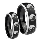 His Hers Multiple Yin Yang Dome Brushed Black 2 Tone Tungsten Custom Ring Set