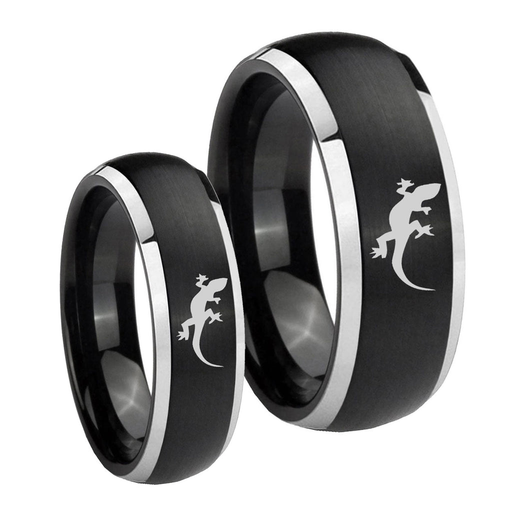 Lizard Dome Brushed Black 2 Tone Tungsten Bridal Ring Set
