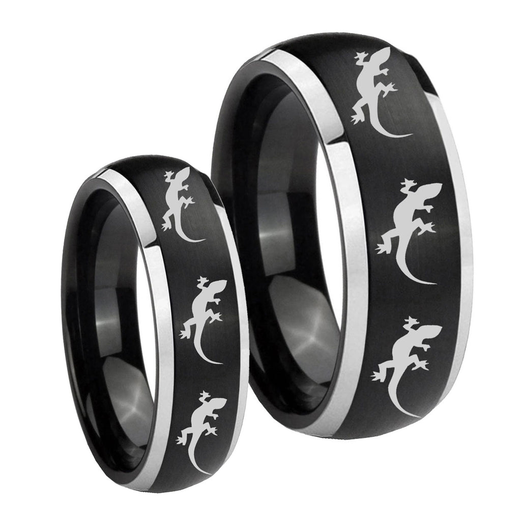 Multiple Lizard Dome Brushed Black 2 Tone Tungsten His Hers Set Rings
