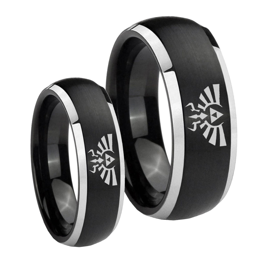 Zelda Skyward Sword Dome Brushed Black 2 Tone Tungsten Wedding Set Rings
