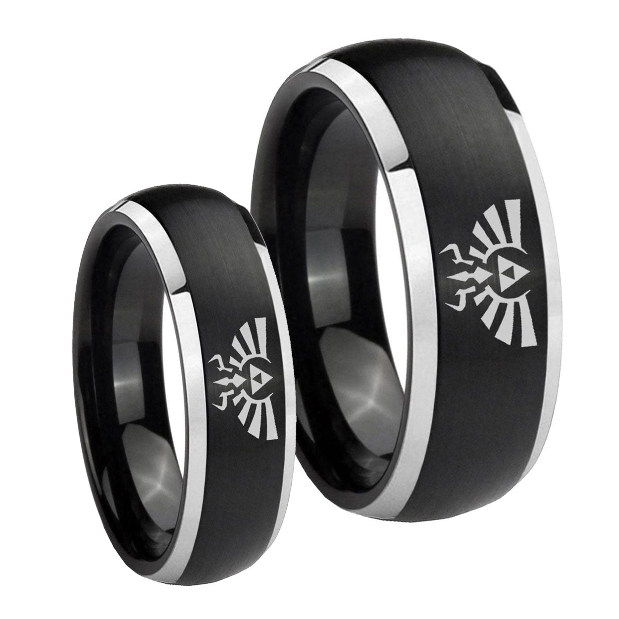 Zelda Skyward Sword Dome Brushed Black 2 Tone Tungsten Wedding Set Rings