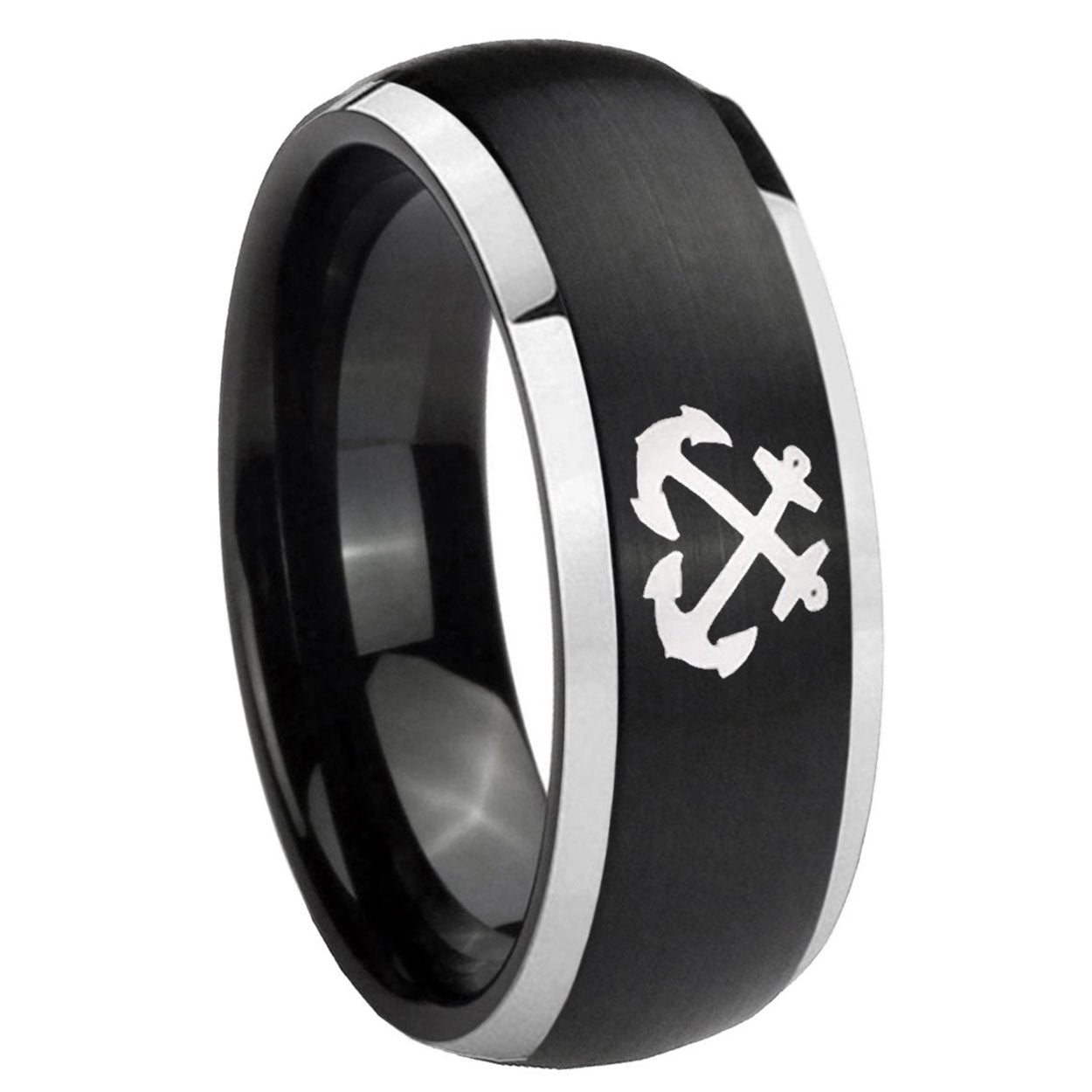 8mm Anchor Dome Brushed Black 2 Tone Tungsten Promised Ring