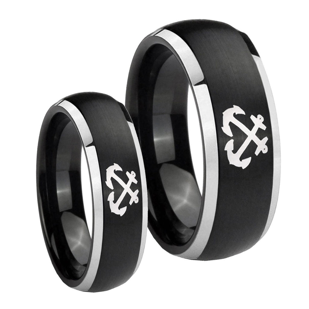 Anchor Dome Brushed Black 2 Tone Tungsten His Hers Set Rings
