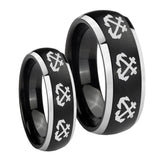 His Hers Multiple Anchor Dome Brushed Black 2 Tone Tungsten Men's Ring Set