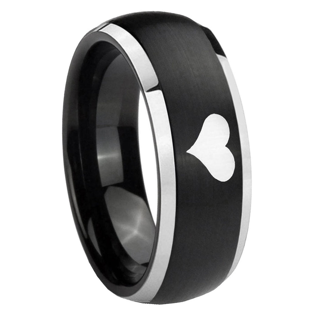 8mm Heart Dome Brushed Black 2 Tone Tungsten Promised Ring