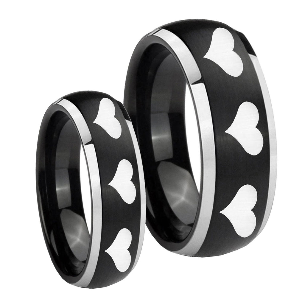 Multiple Heart Dome Brushed Black 2 Tone Tungsten Bridal Ring Set