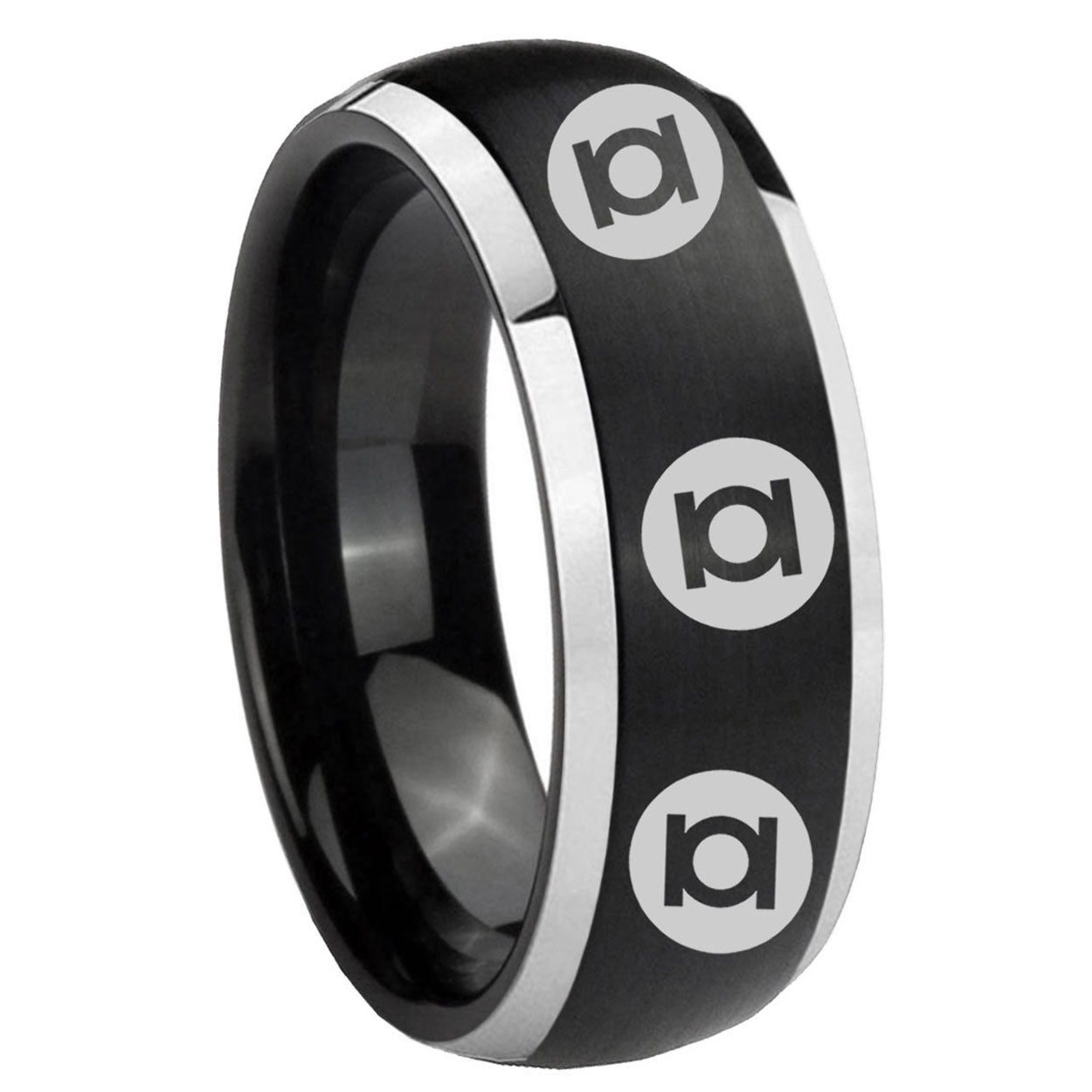 8mm Multiple Green Lantern Dome Brush Black Ring Mens