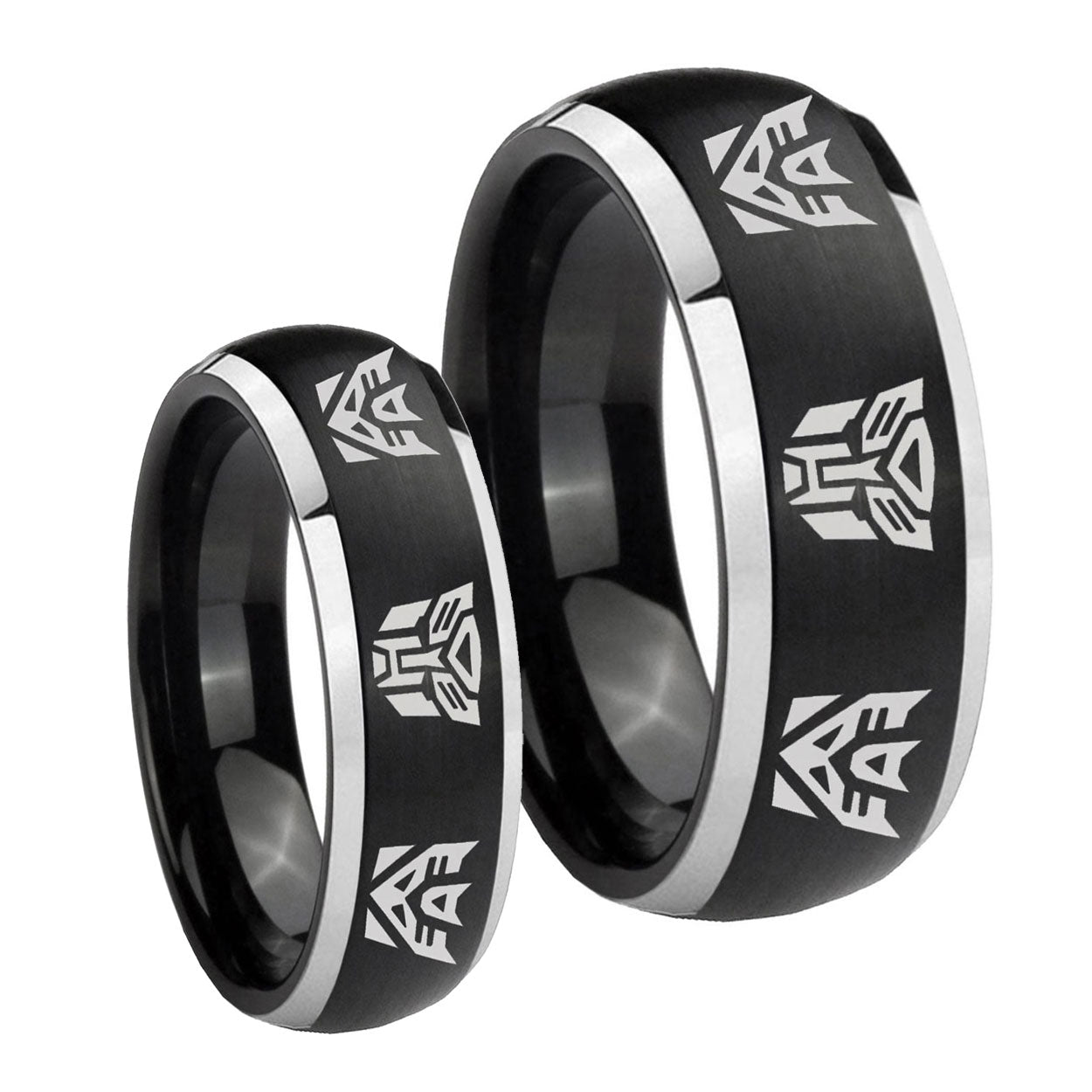 Transformers Autobot Decepticon Dome Brushed Black 2 Tone Tungsten Bridal Set Ring