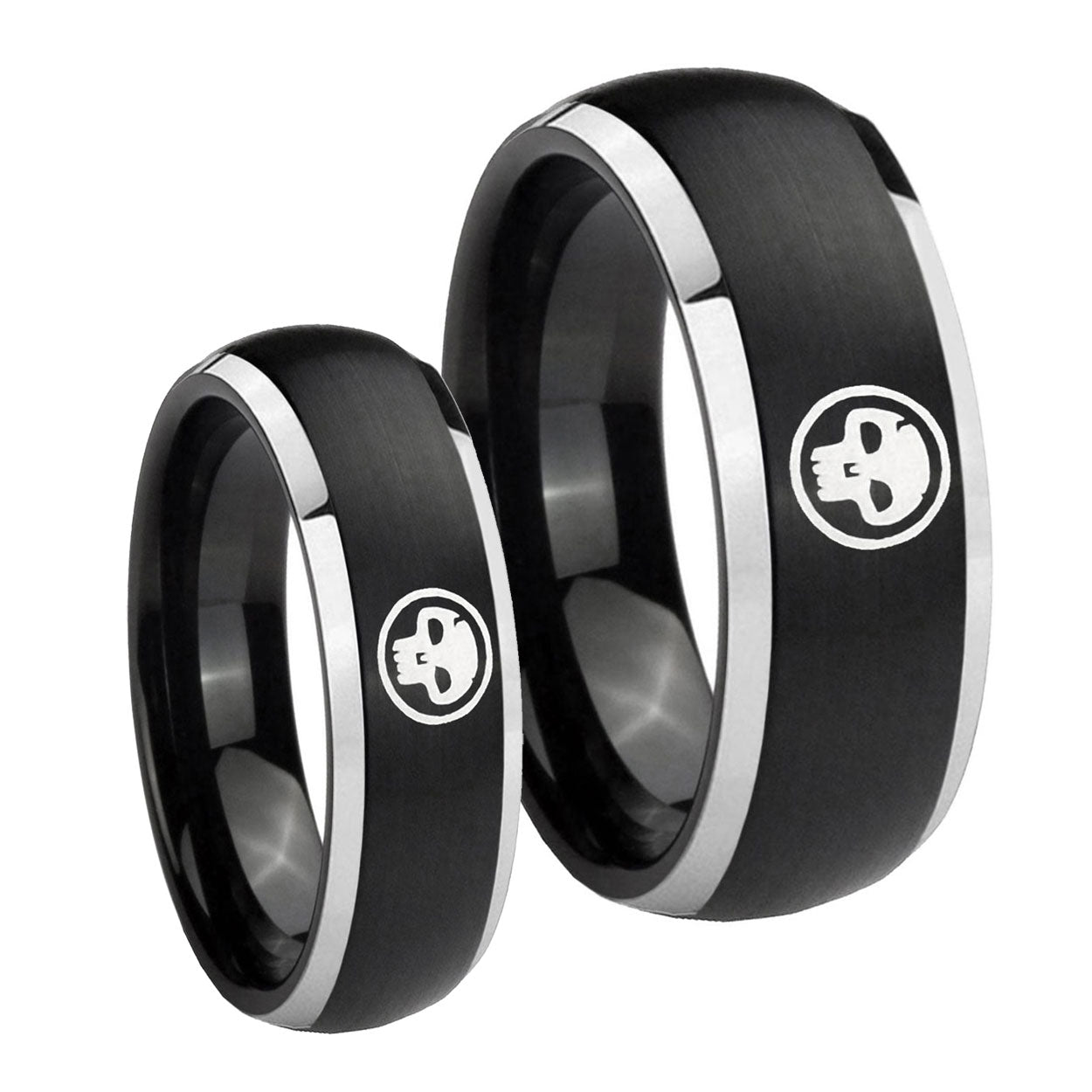 Skull Dome Brushed Black 2 Tone Tungsten Bridal Ring Set