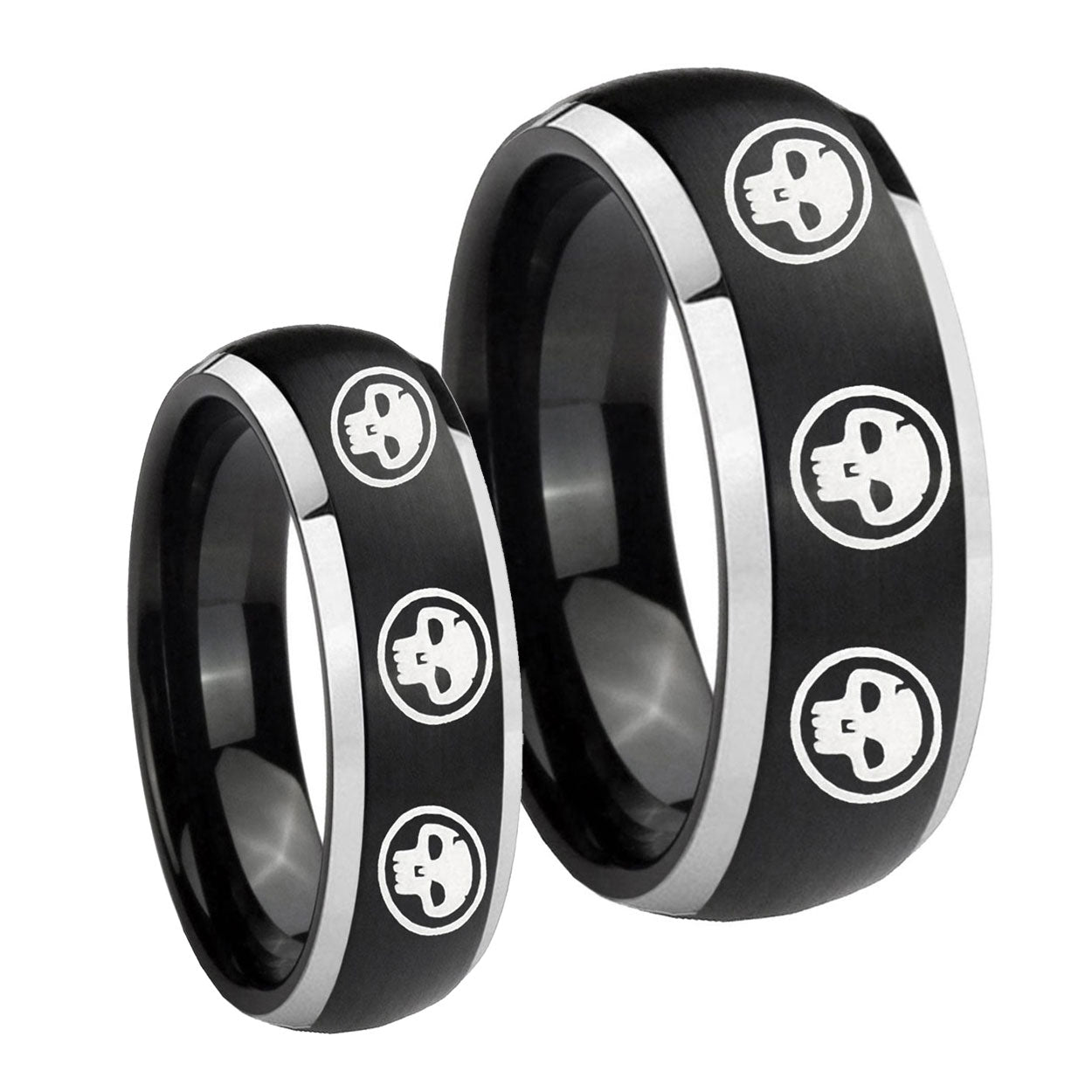Multiple Skull Dome Brushed Black 2 Tone Tungsten Bridal Set Rings