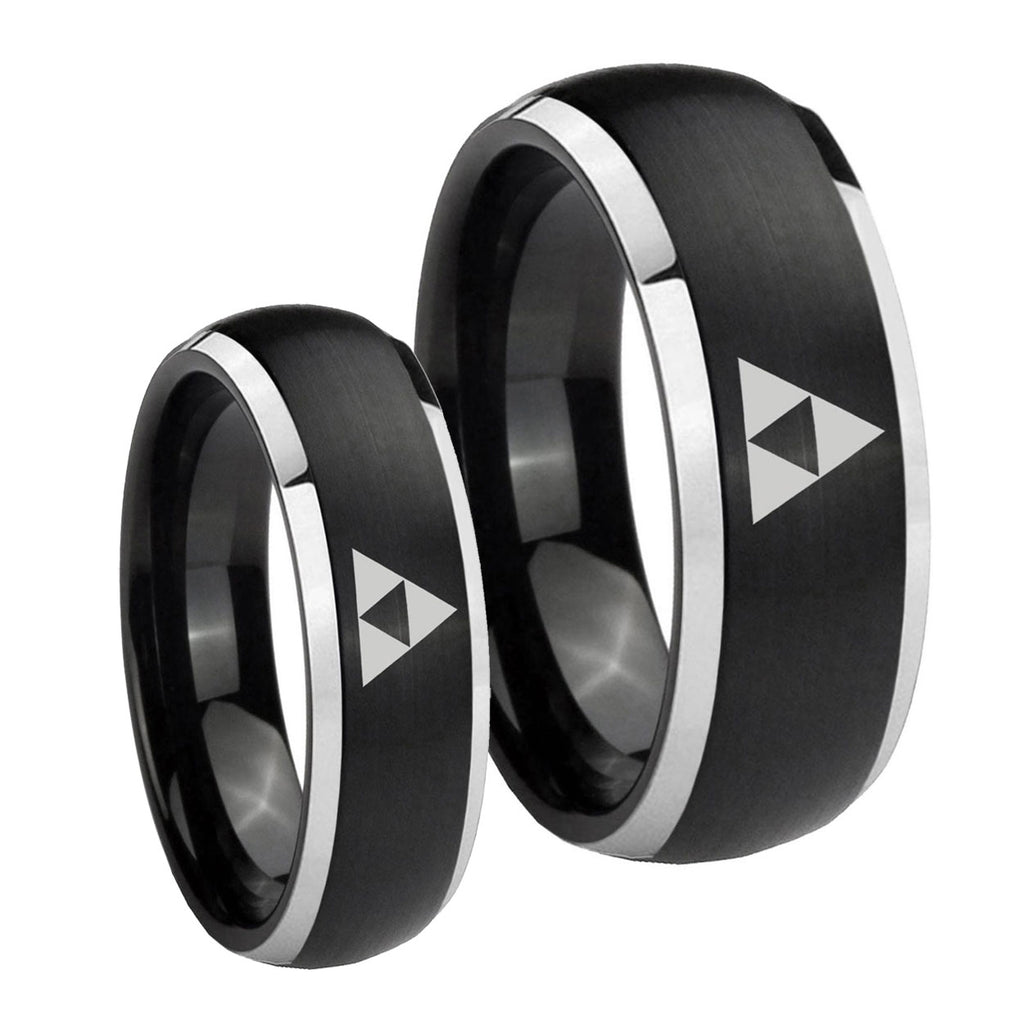Zelda Triforce Dome Brushed Black 2 Tone Tungsten Promise Ring Set