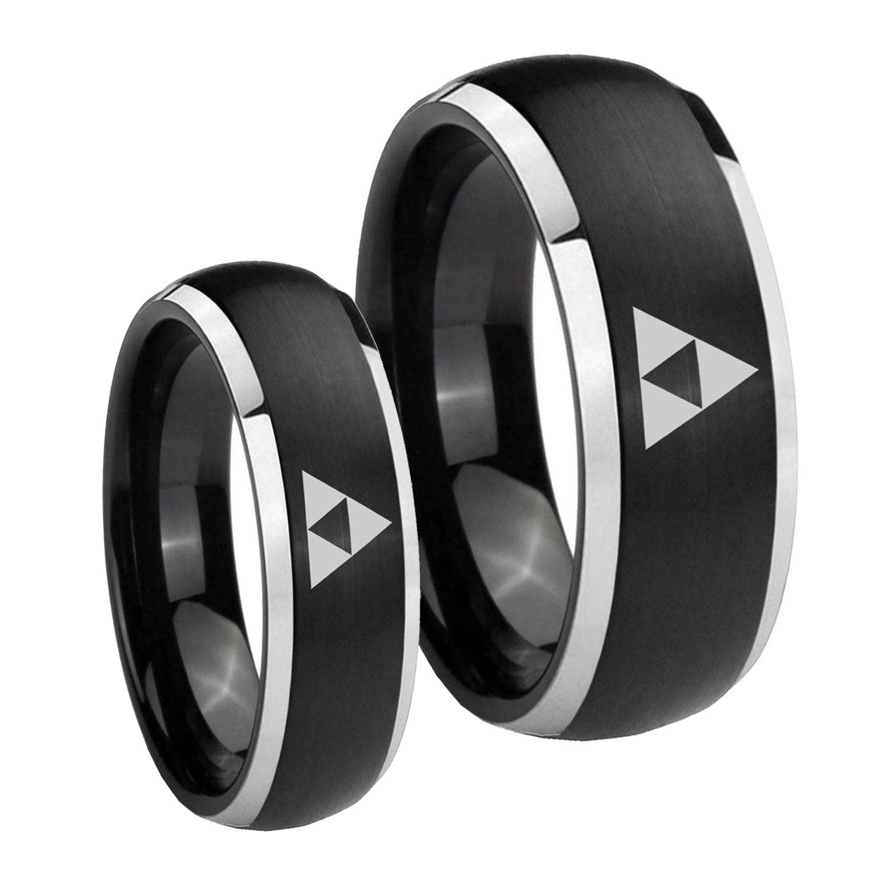 Zelda Triforce Dome Brushed Black 2 Tone Tungsten Promise Ring Set