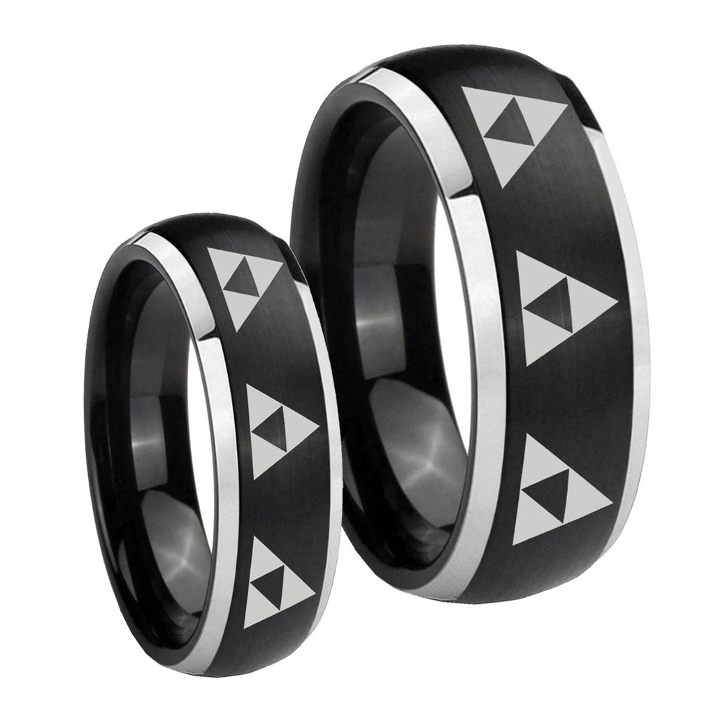 Multiple Zelda Triforce Dome Brushed Black 2 Tone Tungsten His Hers Ring Set