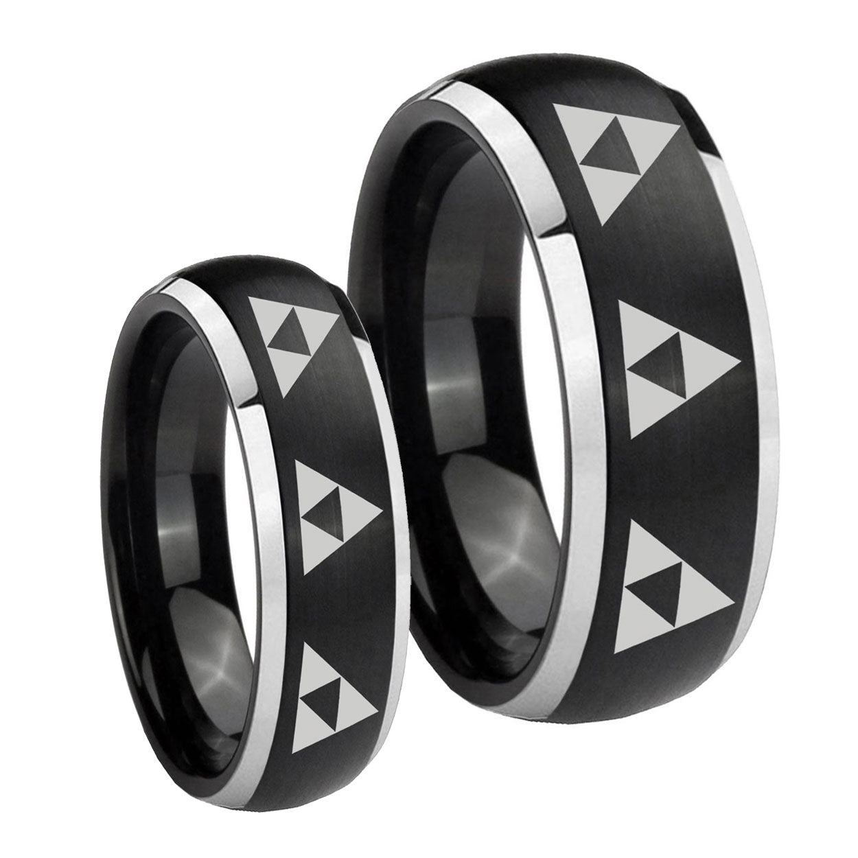 Multiple Zelda Triforce Dome Brushed Black 2 Tone Tungsten His Hers Ring Set