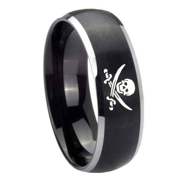 8mm-Skull-Pirate-Dome-Brushed-Black-2-Tone-Tungsten-Carbide-Custom-Mens-Ring