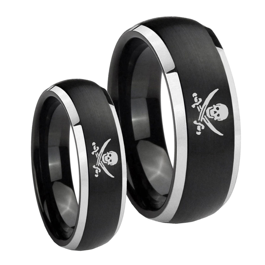 Skull Pirate Dome Brushed Black 2 Tone Tungsten Bridal Set Rings