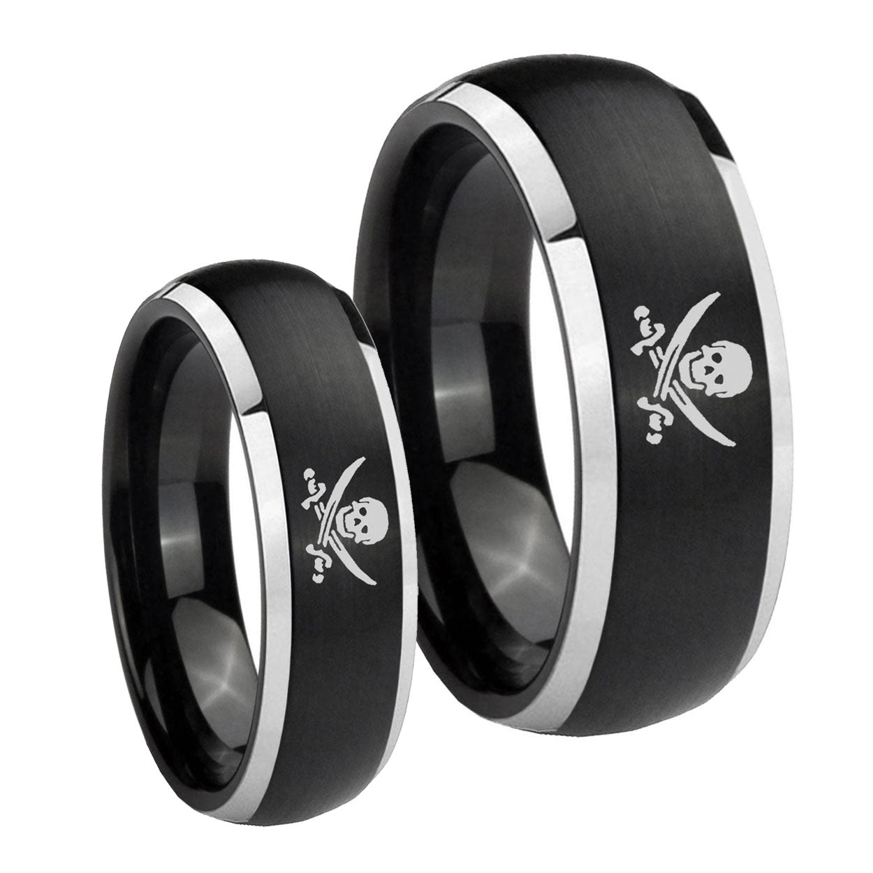 Skull Pirate Dome Brushed Black 2 Tone Tungsten Bridal Set Rings