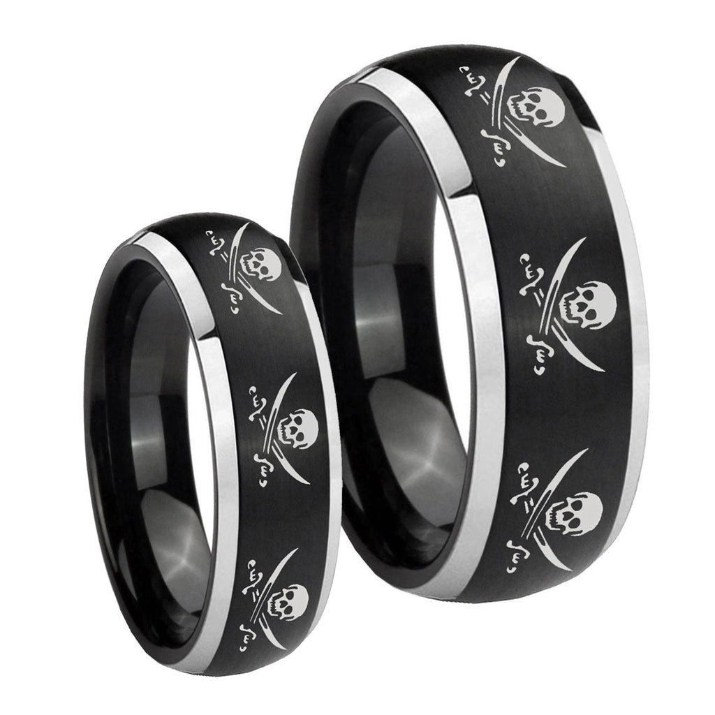 Multiple Skull Pirate Dome Brushed Black 2 Tone Tungsten Couple Rings