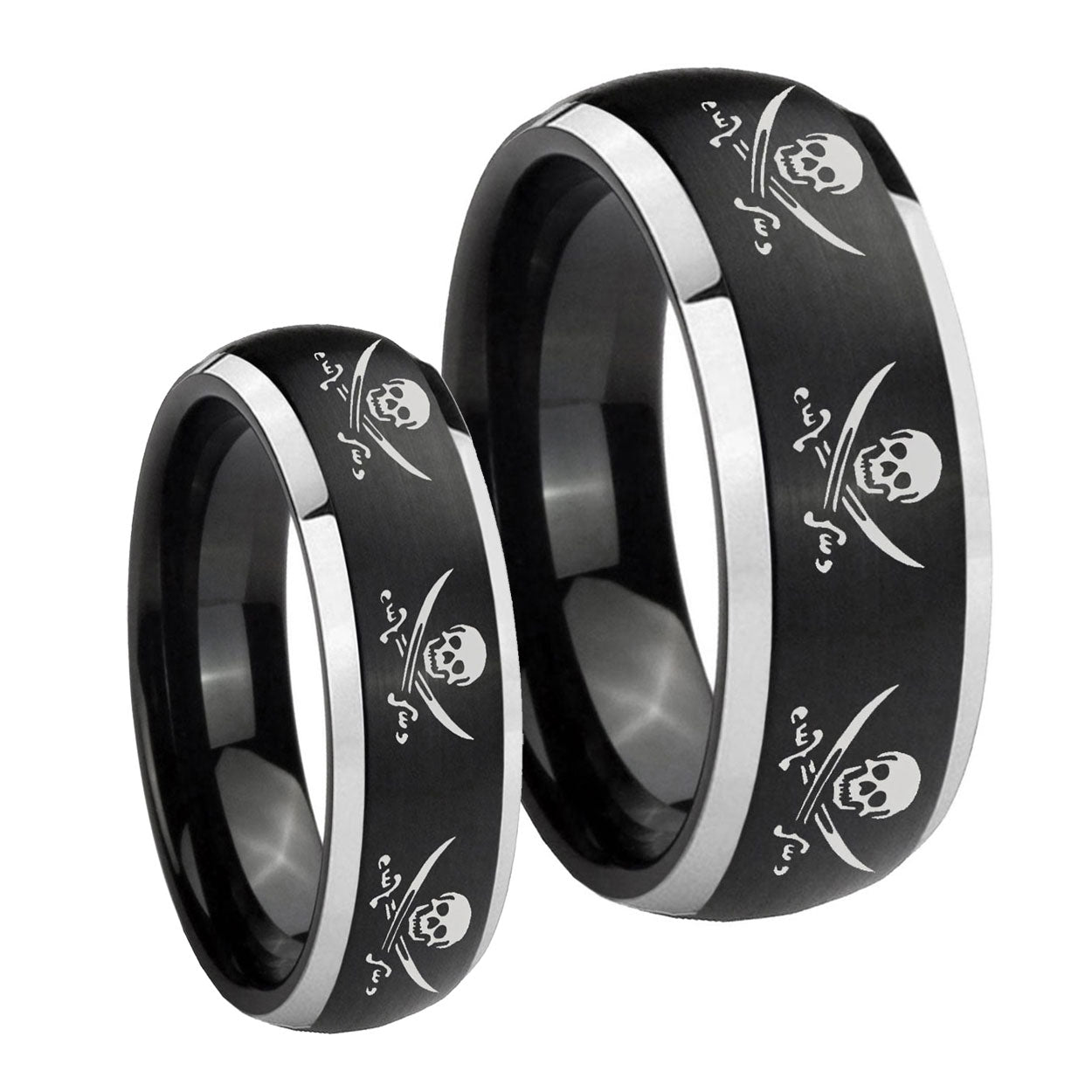 Multiple Skull Pirate Dome Brushed Black 2 Tone Tungsten Couple Rings
