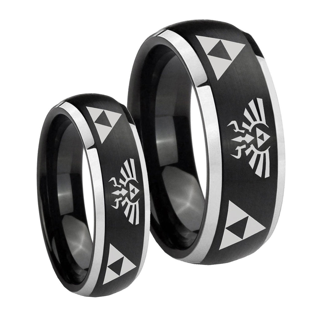 Legend of Zelda Dome Brushed Black 2 Tone Tungsten Engagement Ring Set