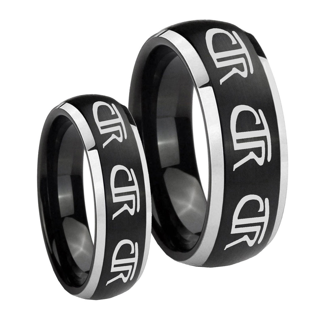Multiple CTR Dome Brushed Black 2 Tone Tungsten Bridal Ring Set