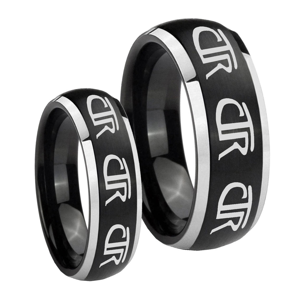 Multiple CTR Dome Brushed Black 2 Tone Tungsten Bridal Ring Set
