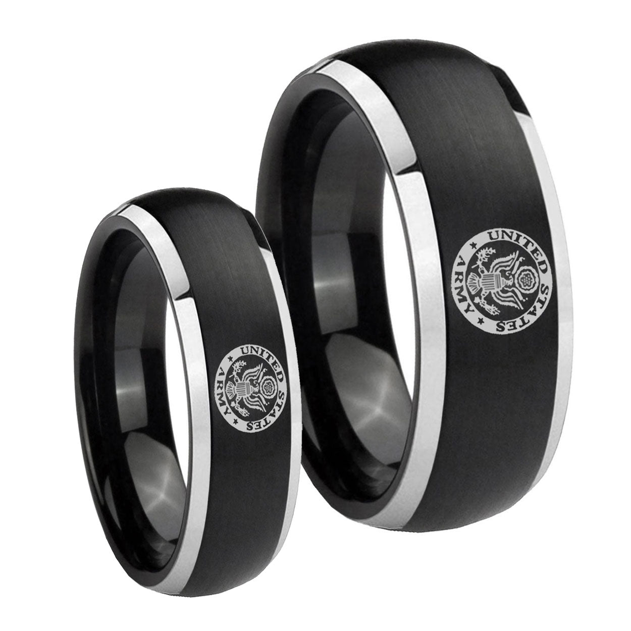 U.S. Army Dome Brushed Black 2 Tone Tungsten Promise Ring Set