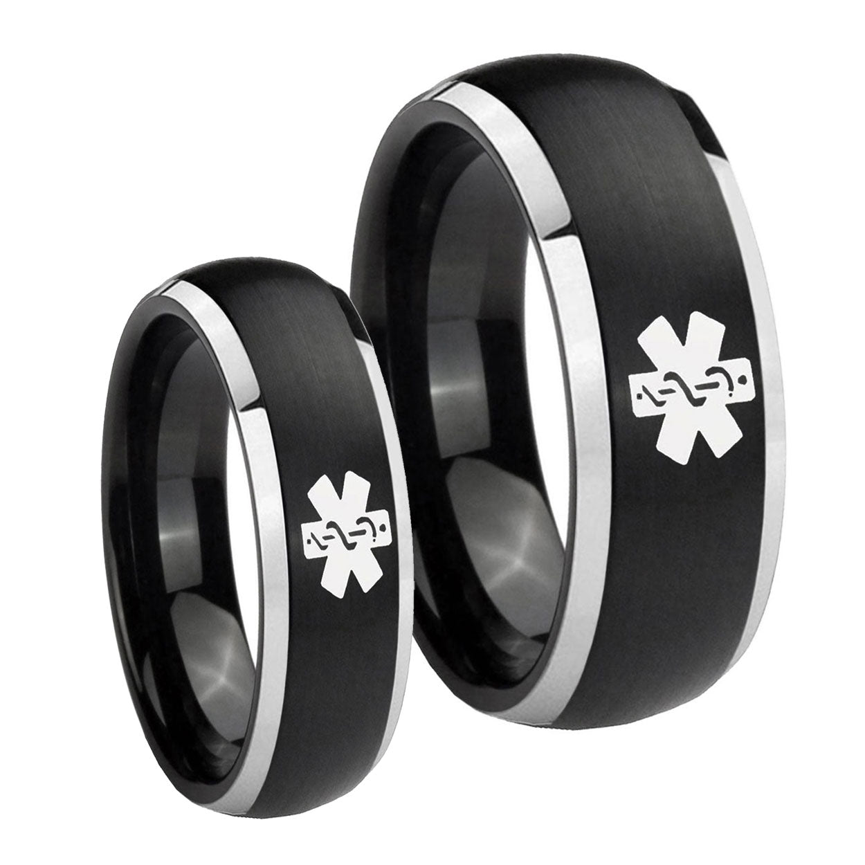 Medical Alert Dome Brushed Black 2 Tone Tungsten Mens Ring Set