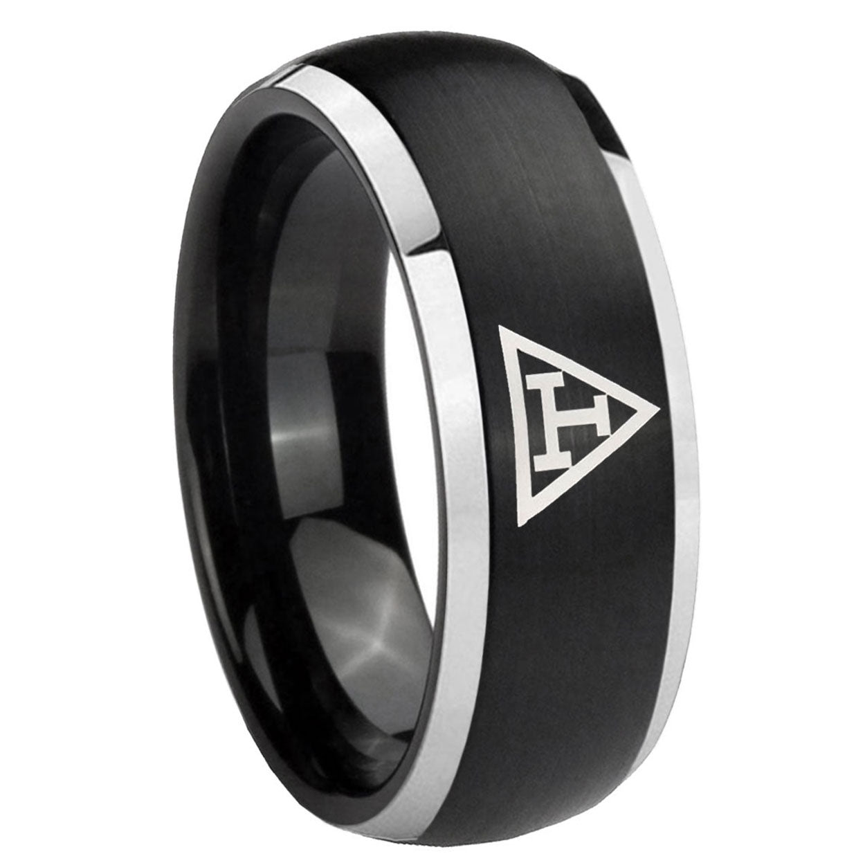 8mm Masonic Triple Dome Brushed Black 2 Tone Tungsten Ring