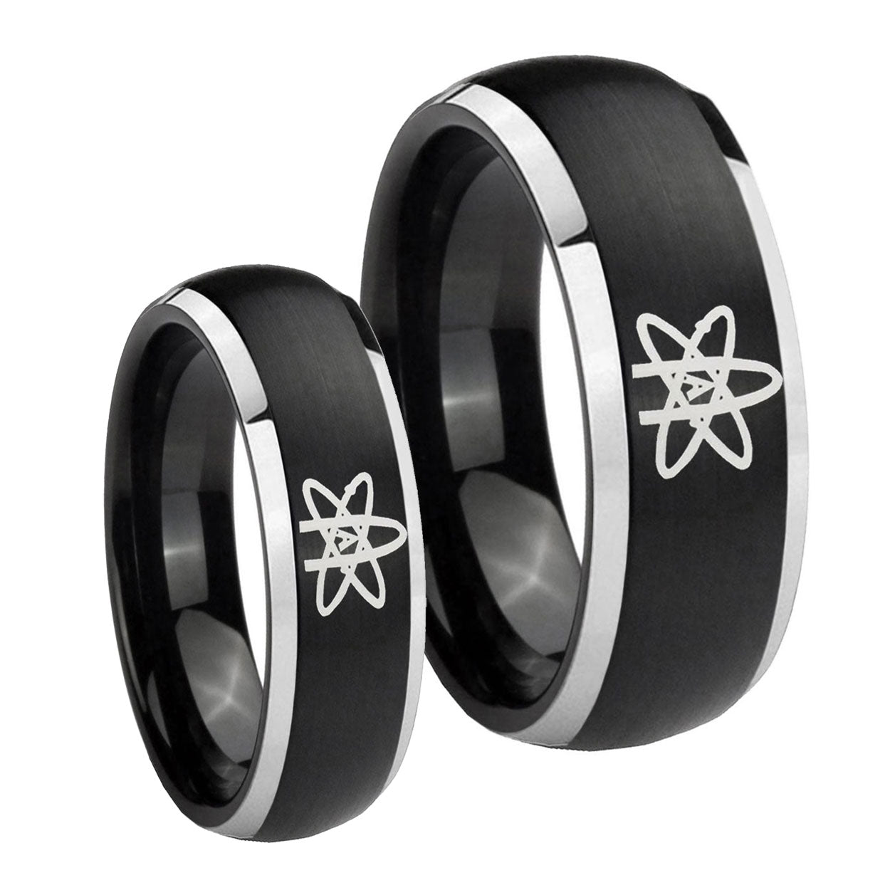 American Atheist Dome Brushed Black 2 Tone Tungsten His Hers Ring Set