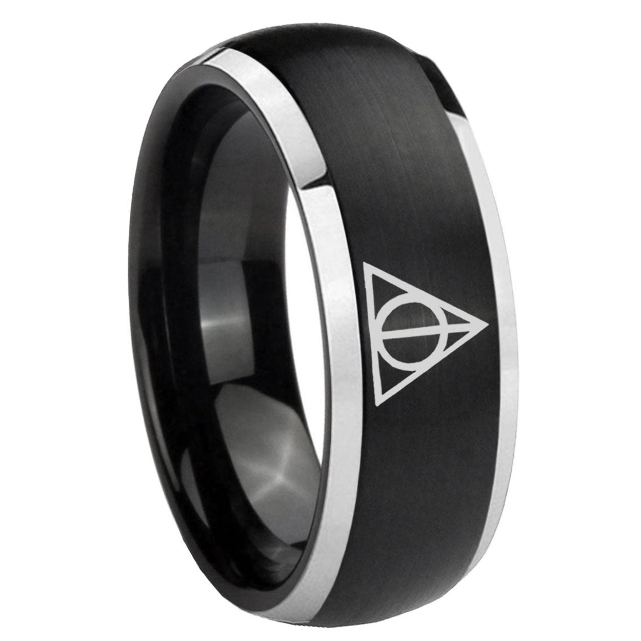 8mm Deathly Hallows Dome Brushed Black 2 Tone Tungsten Ring