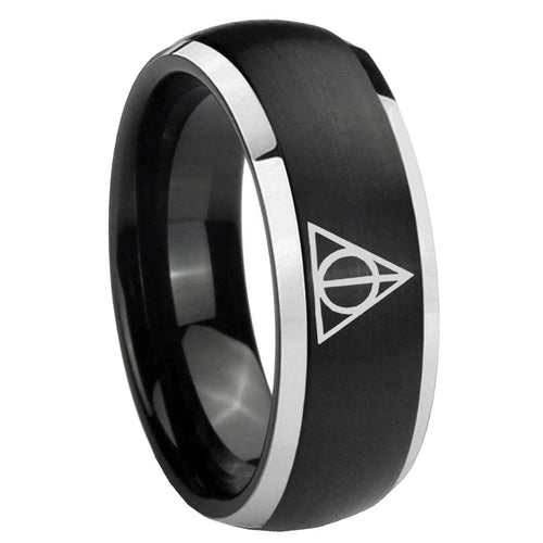 8mm Deathly Hallows Dome Brushed Black 2 Tone Tungsten Ring