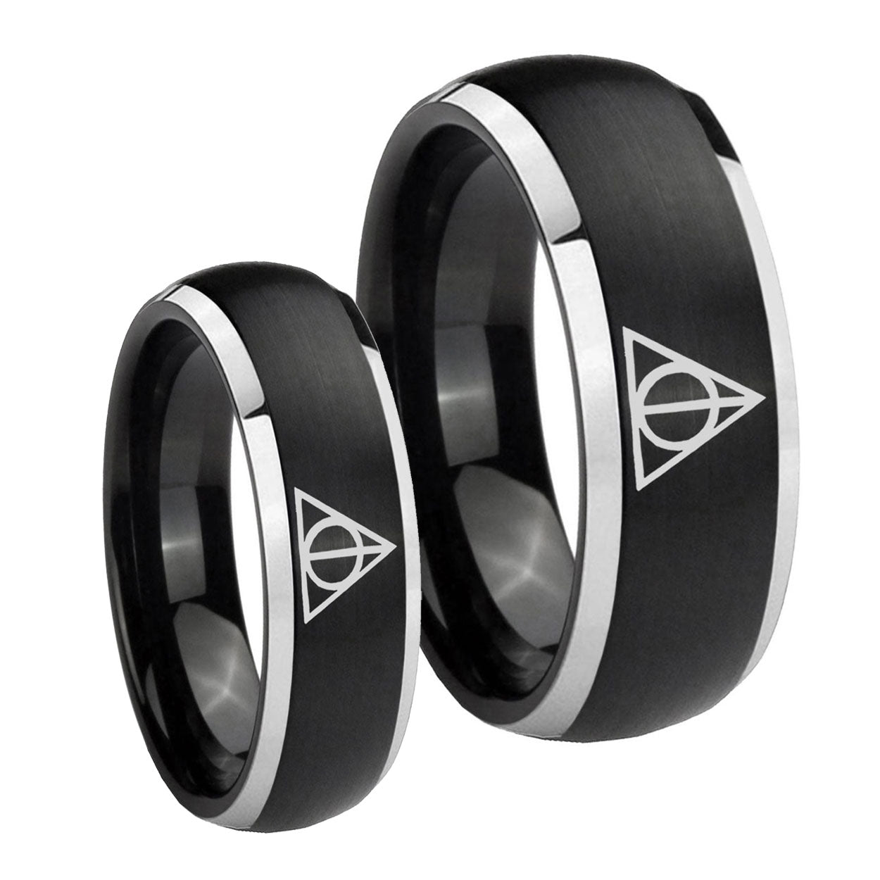 Deathly Hallows Dome Brushed Black 2 Tone Tungsten Wedding Set Ring