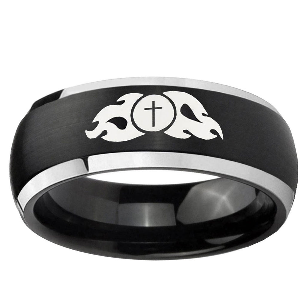 5mm Flamed Cross Dome Brushed Black 2 Tone Tungsten Ring