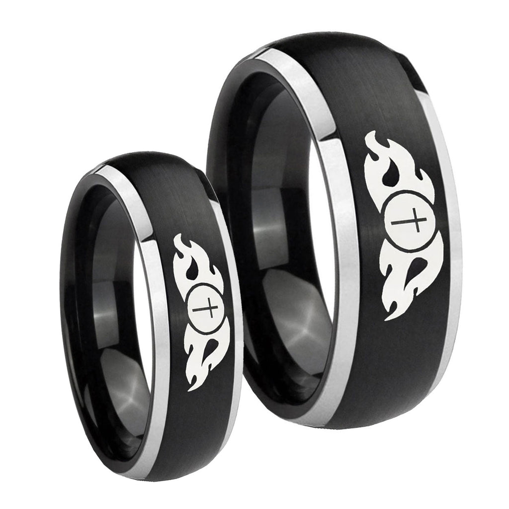Flamed Cross Dome Brushed Black 2 Tone Tungsten Matching Ring Set