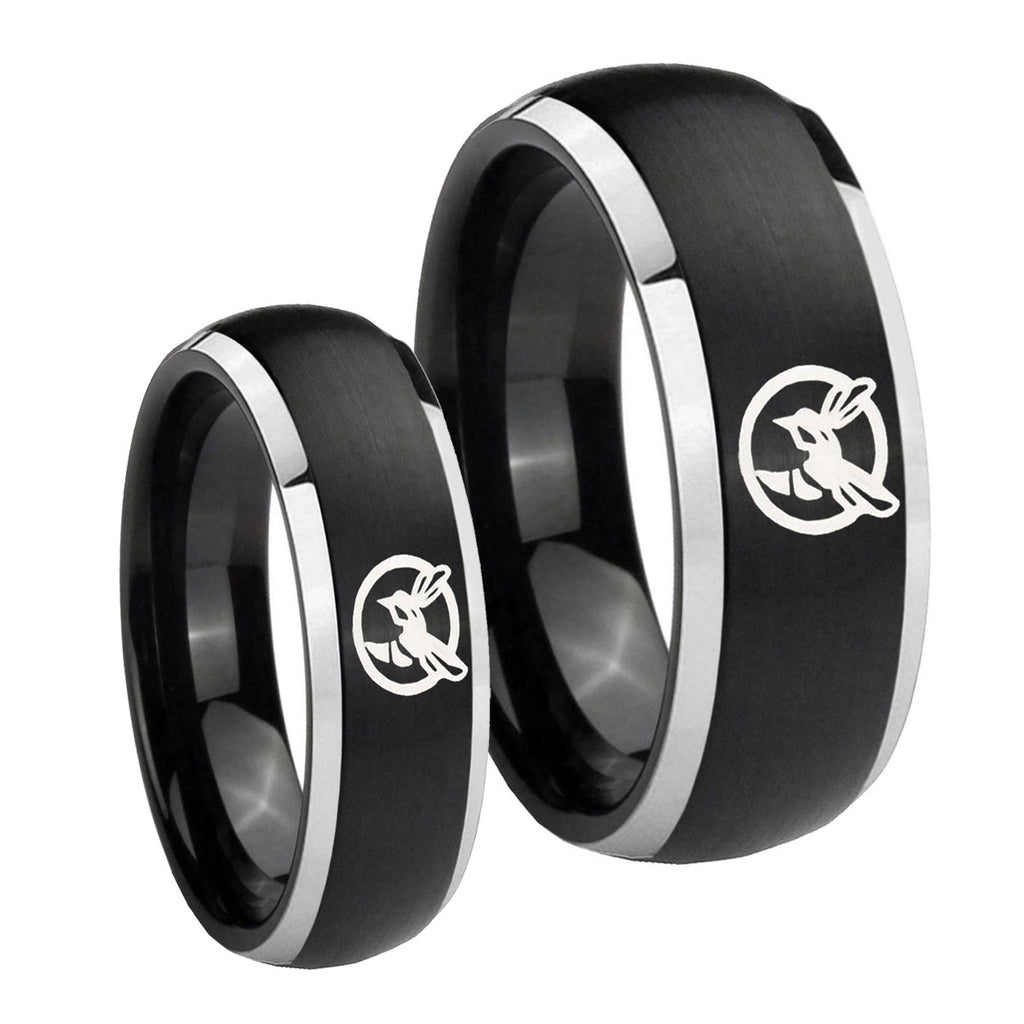 Honey Bee Dome Brushed Black 2 Tone Tungsten Wedding Ring Sets