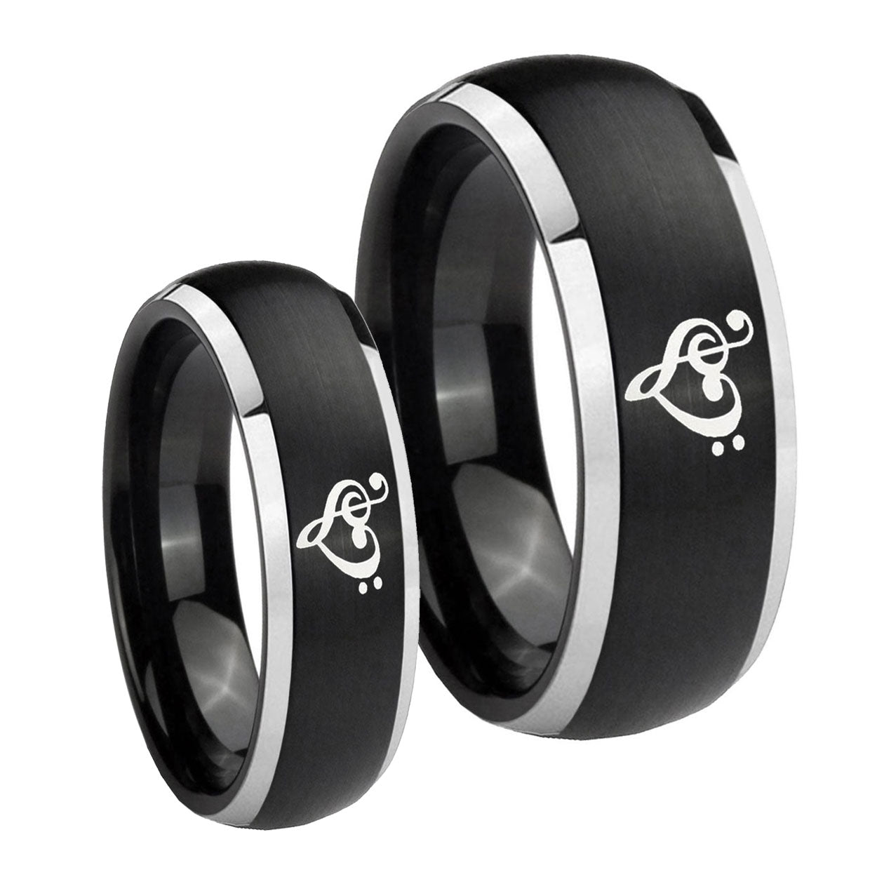 Music & Heart Dome Brushed Black 2 Tone Tungsten Wedding Ring Sets