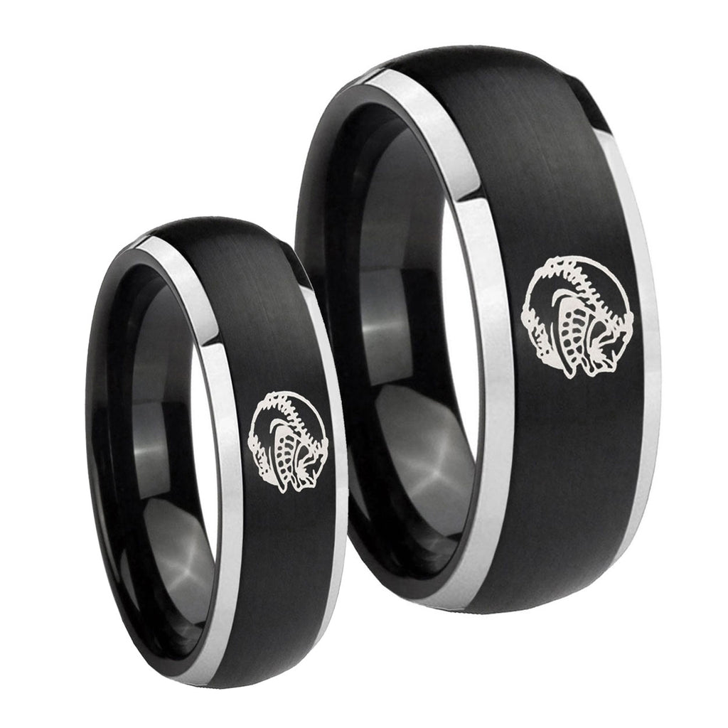 Angry Baseball Dome Brushed Black 2 Tone Tungsten Bridal Set Rings