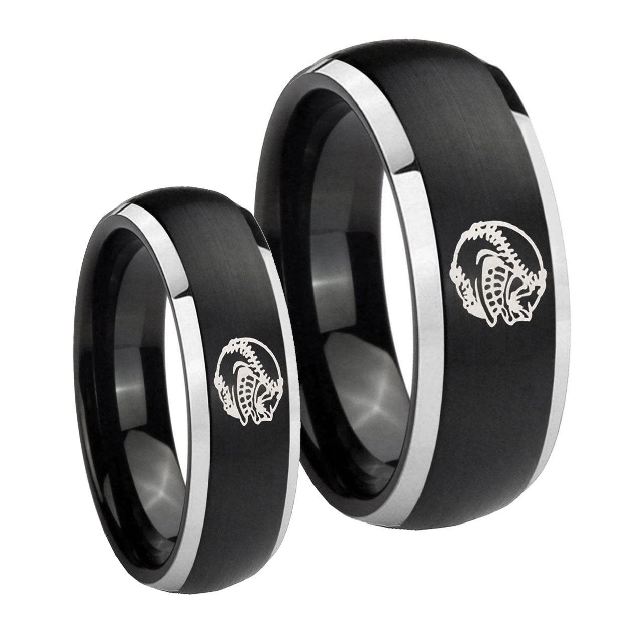 Angry Baseball Dome Brushed Black 2 Tone Tungsten Bridal Set Rings
