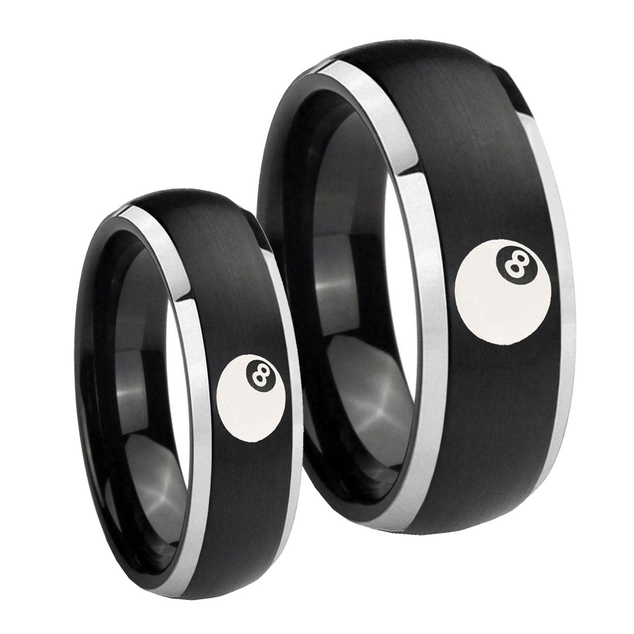 8 Ball Dome Brushed Black 2 Tone Tungsten His Hers Set Rings