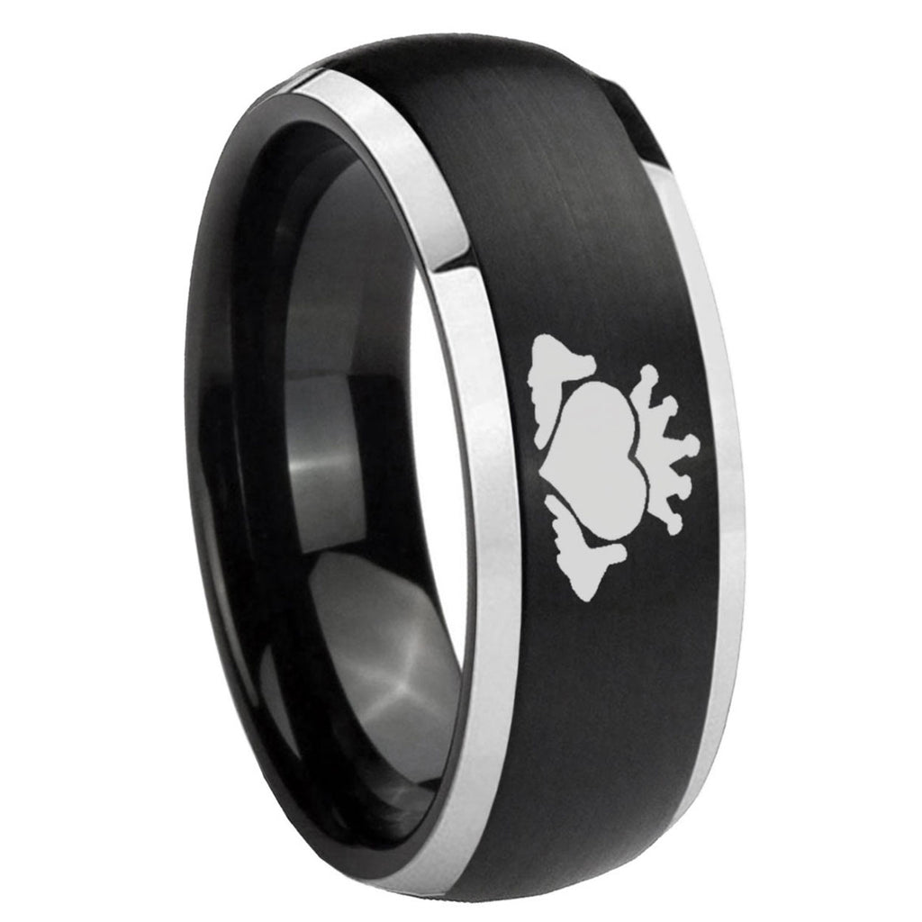8mm Claddagh Design Dome Brushed Black 2 Tone Tungsten Ring