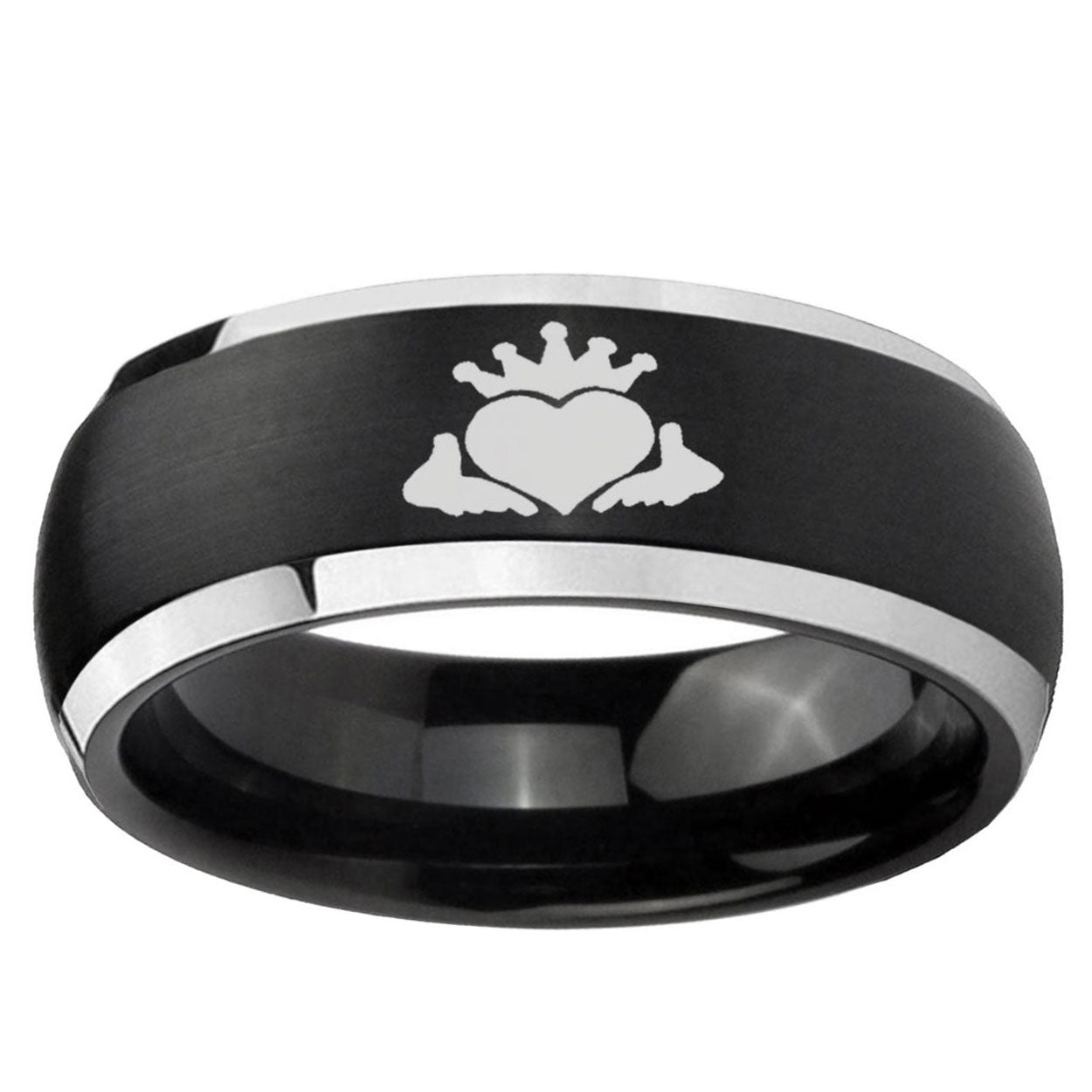 5mm Claddagh Design Dome Brushed Black 2 Tone Tungsten Ring