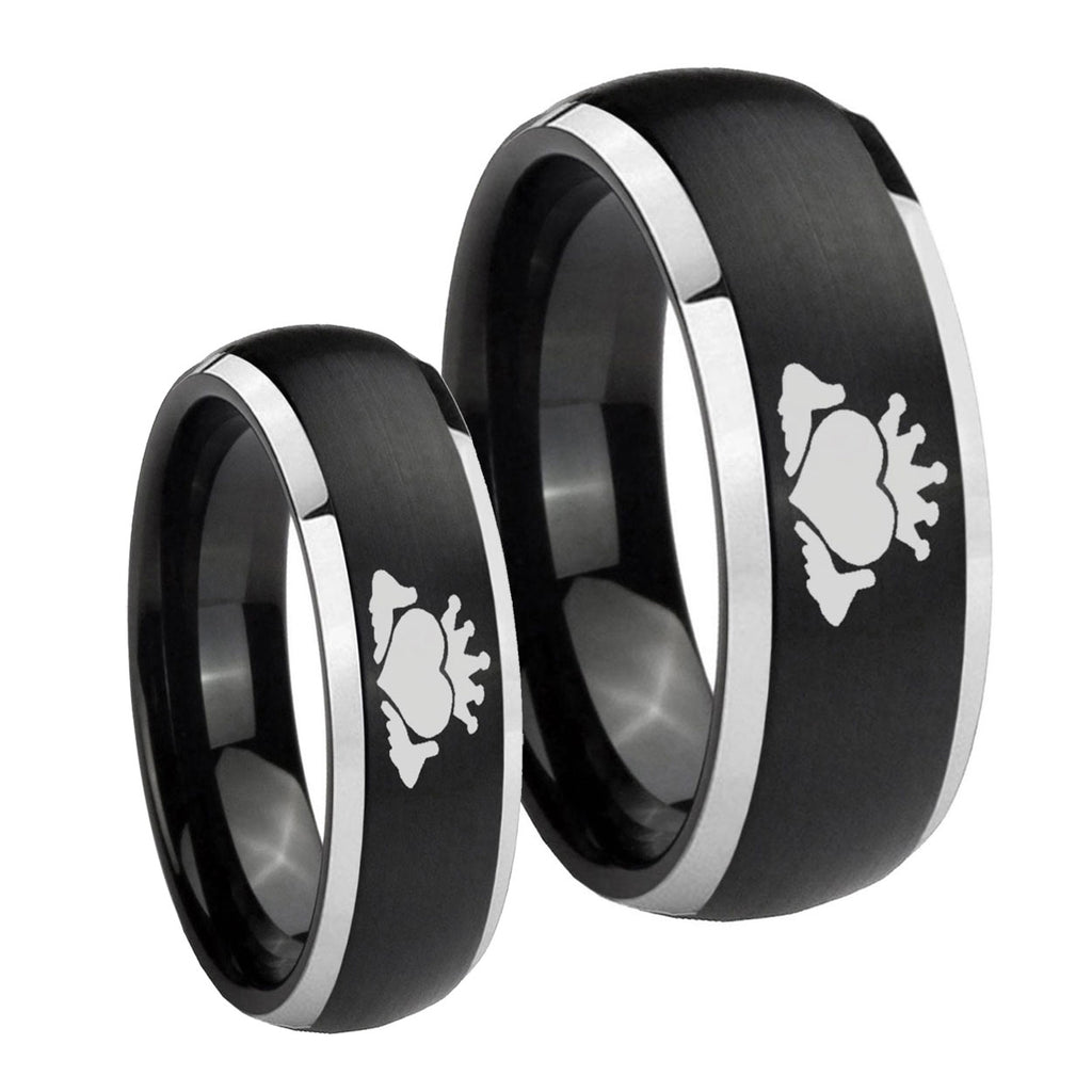 Claddagh Design Dome Brushed Black 2 Tone Tungsten Wedding Set Ring