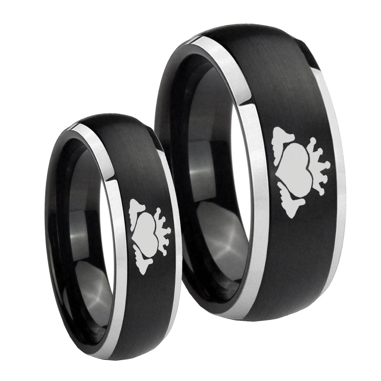 Claddagh Design Dome Brushed Black 2 Tone Tungsten Wedding Set Ring