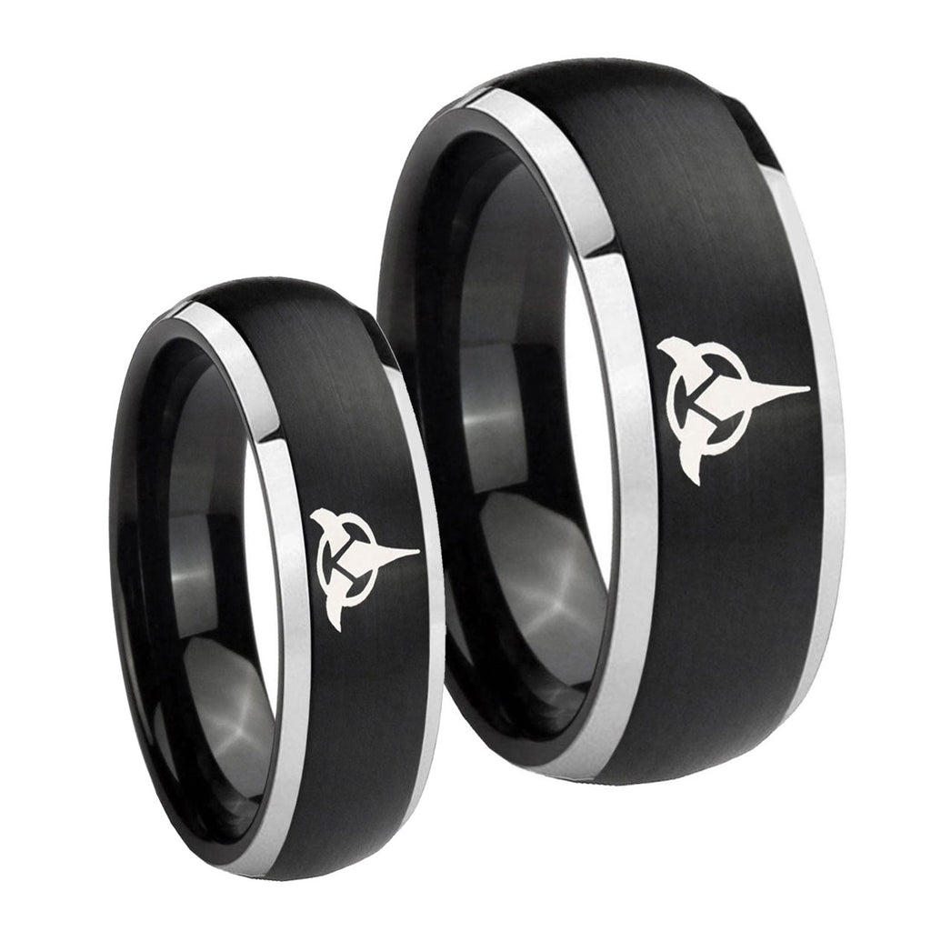 Klingon Dome Brushed Black 2 Tone Tungsten Bridal Set Ring