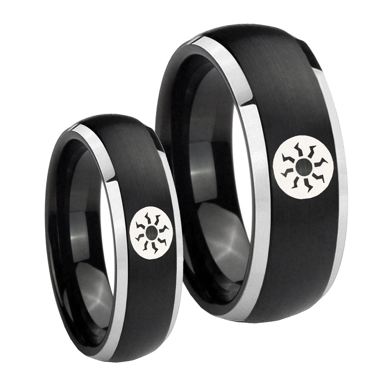 Magic The GatheRing Dome Brushed Black 2 Tone Tungsten Bridal Ring Set