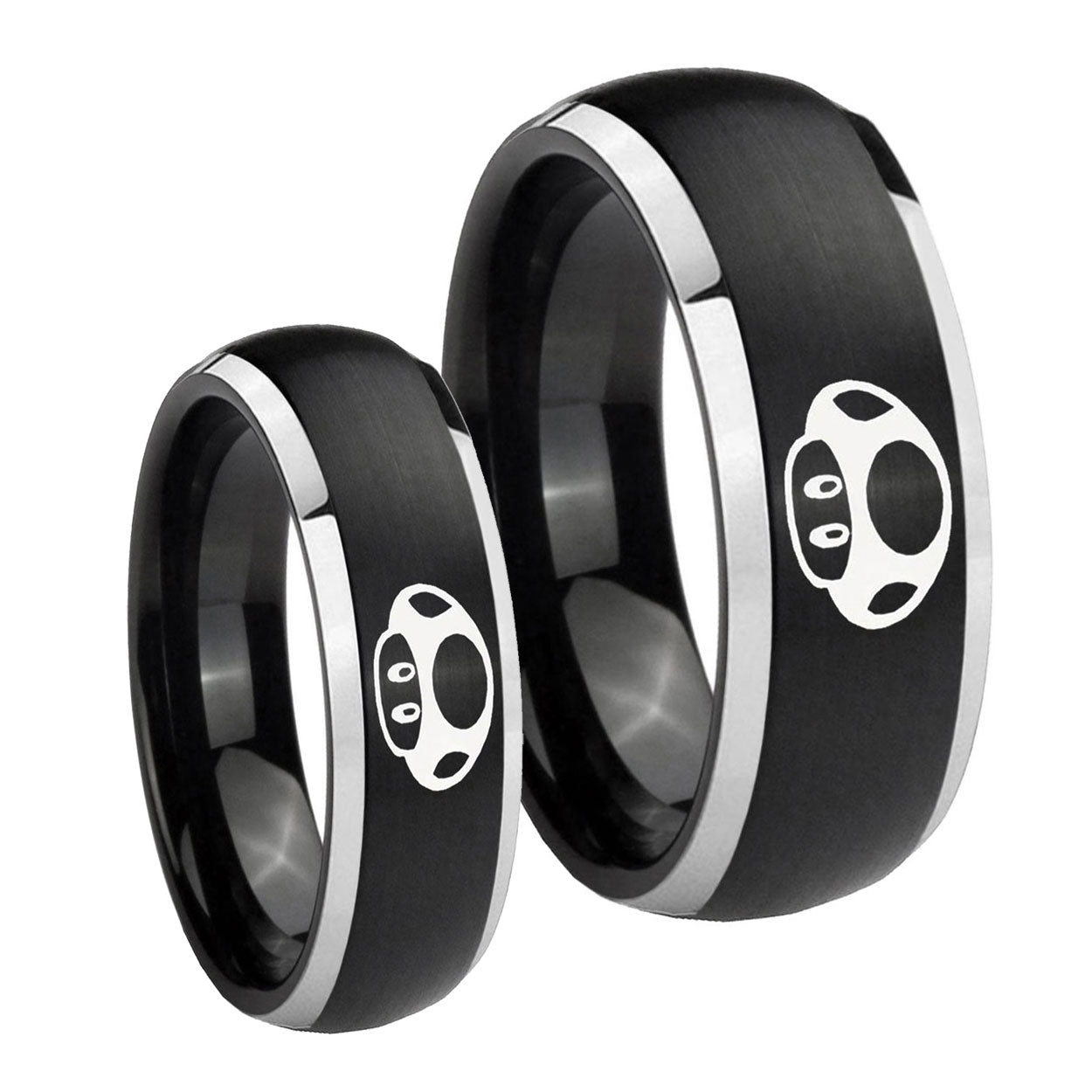 Mario Mushroom Dome Brushed Black 2 Tone Tungsten Mens Set Rings